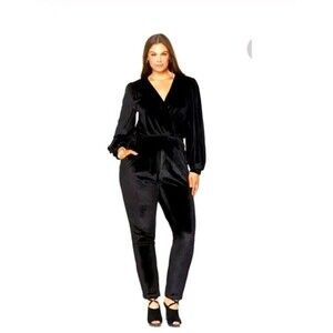 Melissa McCarthy Seven7 Womens Jumpsuit Plus Size 3X Black Velvet Pockets V-Neck